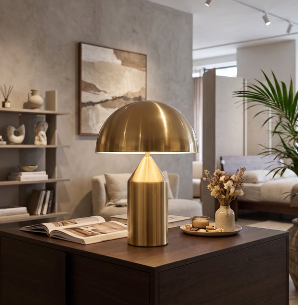 Modern Gold Mushroom Table Lamp - Minimalist Brushed Brass Dome Desk Lamp for Bedroom & Living Room