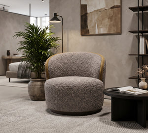 Modern Grey Boucle Accent Chair with Contrast Trim — 31.5" Round Lounge Chair