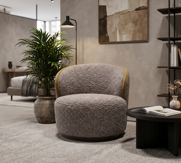 Modern Grey Boucle Accent Chair with Contrast Trim — 31.5" Round Lounge Chair