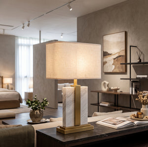 Modern Marble & Gold Table Lamp with Rectangular Shade – Luxury White Stone Accent Light for Living Room & Bedroom