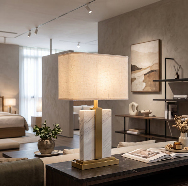 Modern Marble & Gold Table Lamp with Rectangular Shade – Luxury White Stone Accent Light for Living Room & Bedroom