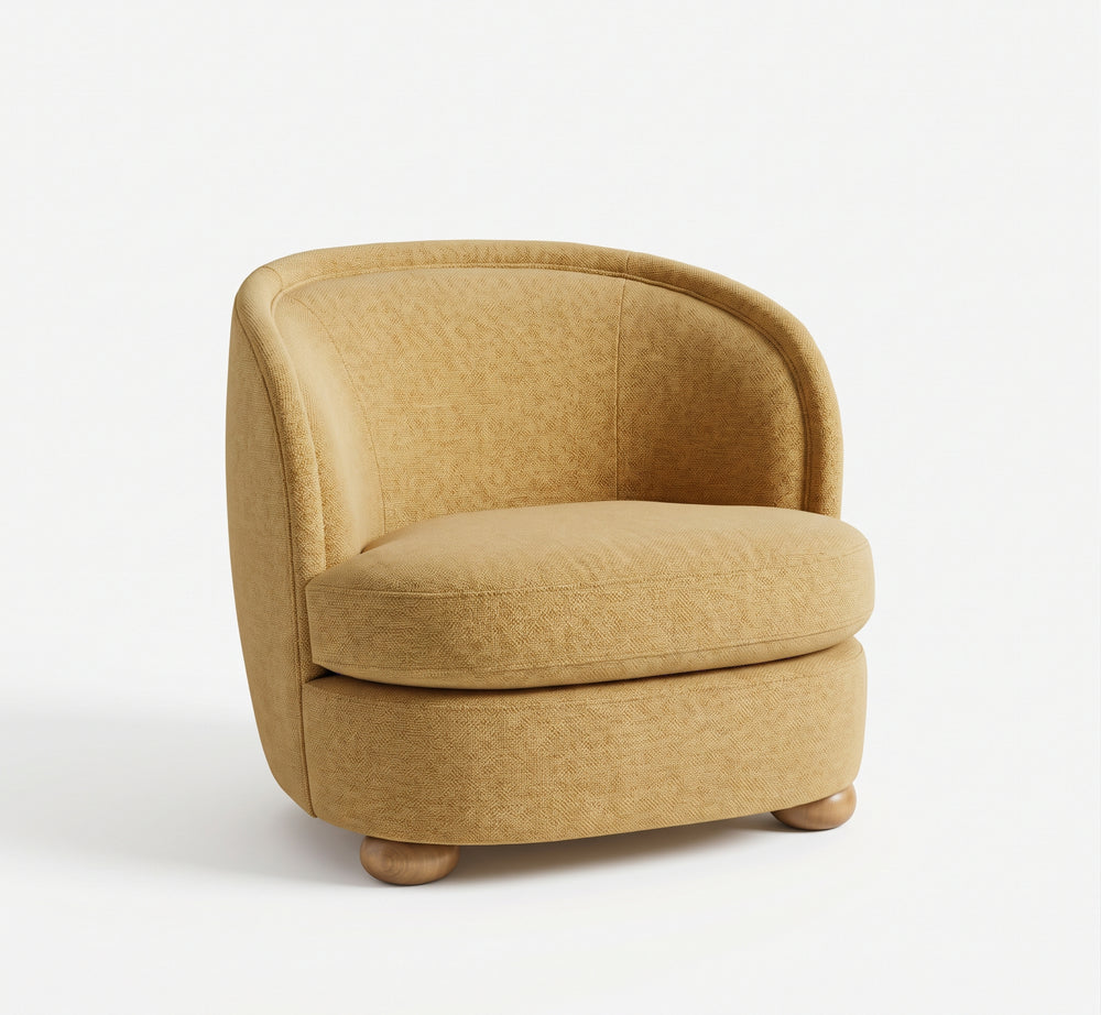 Modern Mustard Yellow Barrel Accent Chair with Wooden Bun Feet
