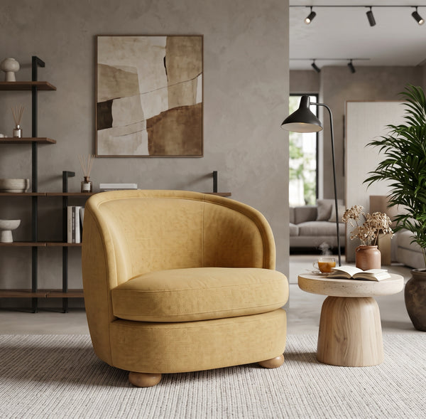 Modern Mustard Yellow Barrel Accent Chair with Wooden Bun Feet