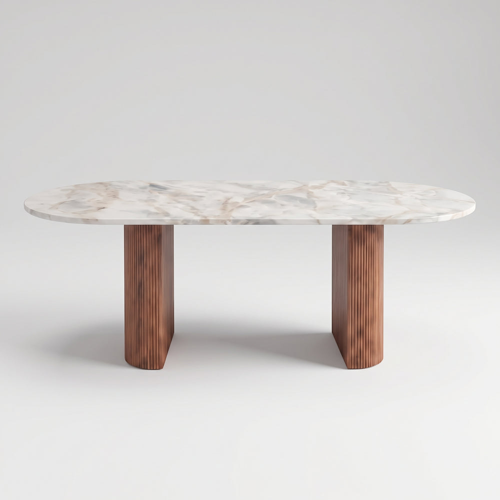 Modern Oval Marble Dining Table with Fluted Wood Pedestal Base