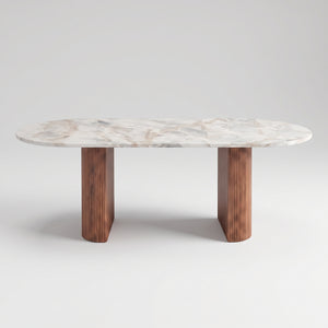 Modern Oval Marble Dining Table with Fluted Wood Pedestal Base