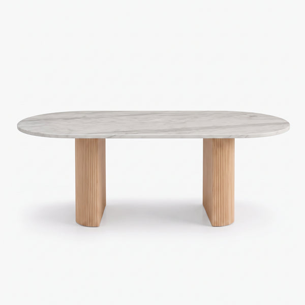 Modern Oval Marble Dining Table with Fluted Wood Pedestal Base