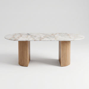Modern Oval Marble Dining Table with Fluted Wood Pedestal Base