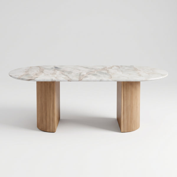 Modern Oval Marble Dining Table with Fluted Wood Pedestal Base