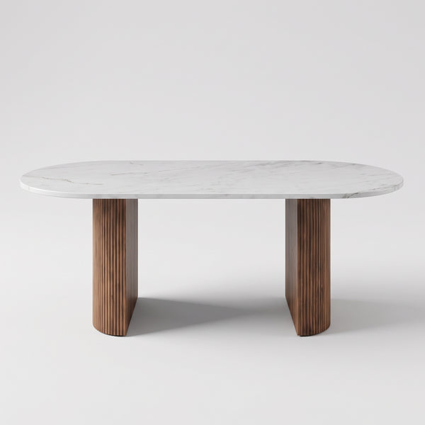 Modern Oval Marble Dining Table with Fluted Wood Pedestal Base