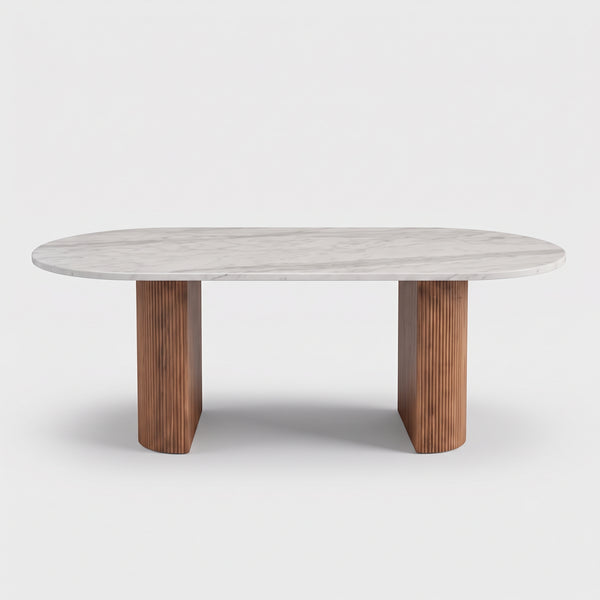 Modern Oval Marble Dining Table with Fluted Wood Pedestal Base