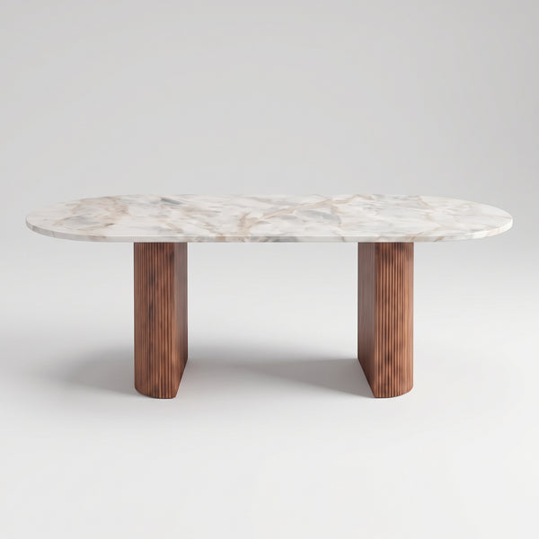 Modern Oval Marble Dining Table with Fluted Wood Pedestal Base
