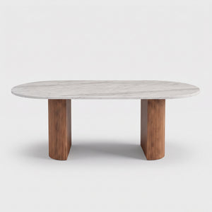 Modern Oval Marble Dining Table with Fluted Wood Pedestal Base