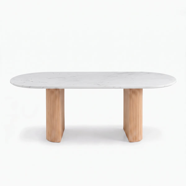Modern Oval Marble Dining Table with Fluted Wood Pedestal Base