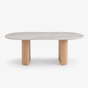 Modern Oval Marble Dining Table with Fluted Wood Pedestal Base