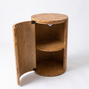Modern Round Burl Wood Side Table with Hidden Storage
