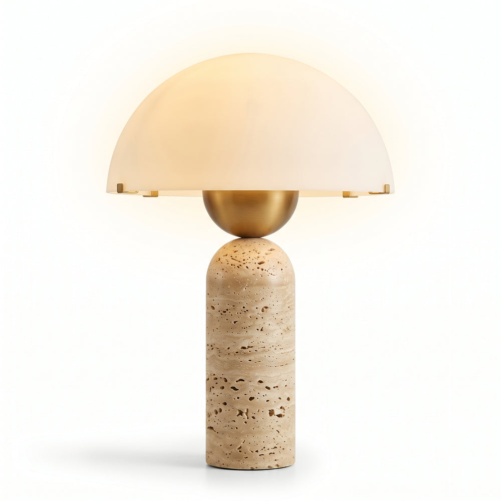 Modern Travertine & Marble Mushroom Table Lamp with Glass Dome Shade