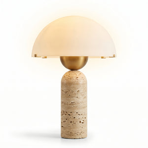 Modern Travertine & Marble Mushroom Table Lamp with Glass Dome Shade