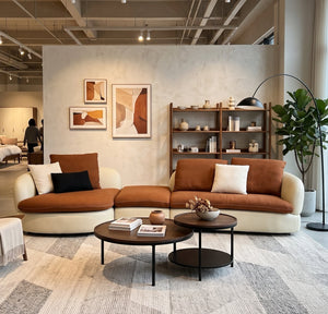 Modern Two-Tone Curved Sectional Sofa with Right Chaise - Orange Fabric & Cream Faux Leather（F039）