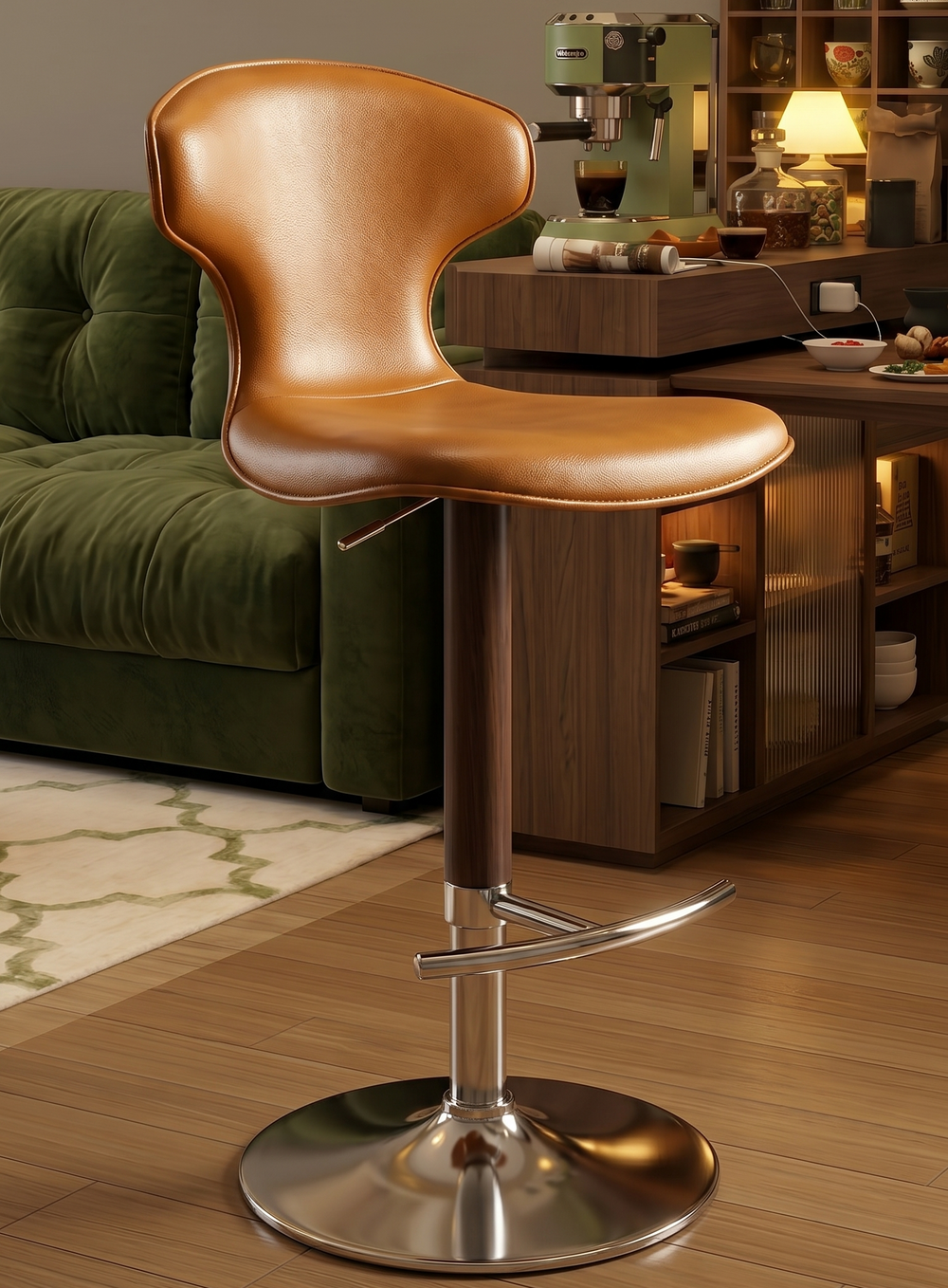 Mid-Century Modern Adjustable Swivel Bar Stool - Tan Leather Counter Stool with Walnut Wood Accent & Chrome Base - Ergonomic Padded High Chair for Kitchen Island & Home Bar