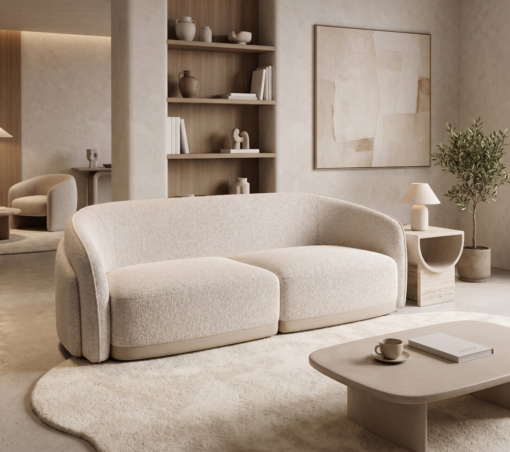 Modern Curved Boucle Sofa in Cream | Low-Profile Sculptural Couch