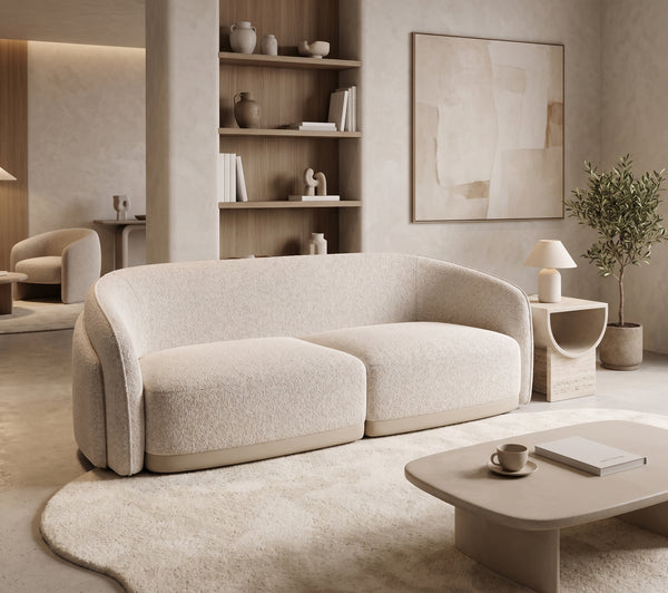 Modern Curved Boucle Sofa in Cream | Low-Profile Sculptural Couch