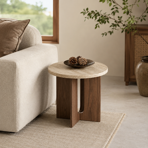 Modern Travertine Stone Side Table – Round Pedestal Accent Table with Solid Wood Base