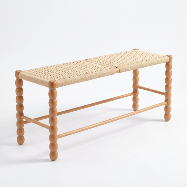 Solid Ash Wood Bobbin Bench with Woven Cord Seat — 31.5" Entryway Bench