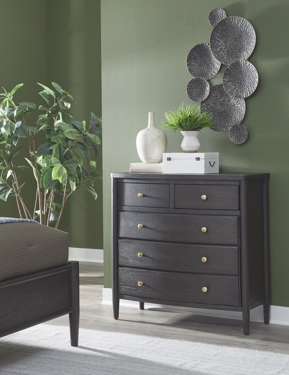 Mid-Century Modern 5-Drawer Wood Chest, Fully Assembled Matte Black Oak Dresser