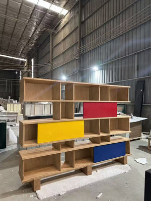 Modern Asymmetrical Modular Bookcase with Colorful Sliding Doors