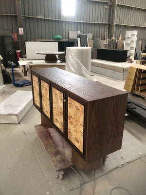 Contemporary Statement Console Cabinet with Natural Burl Wood Doors