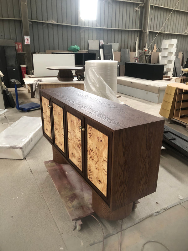 Contemporary Statement Console Cabinet with Natural Burl Wood Doors