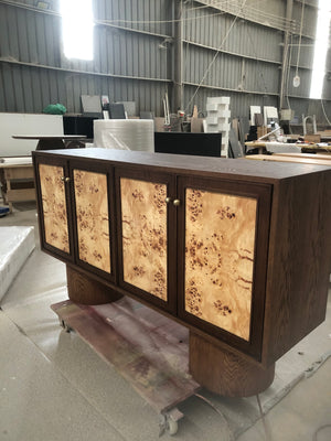 Contemporary Statement Console Cabinet with Natural Burl Wood Doors