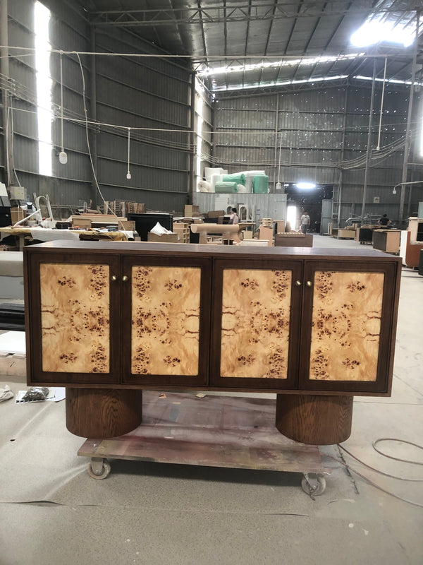 Contemporary Statement Console Cabinet with Natural Burl Wood Doors