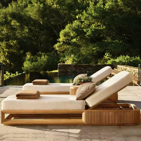 Modern Fluted Wood Outdoor Chaise Lounge with Adjustable Backrest